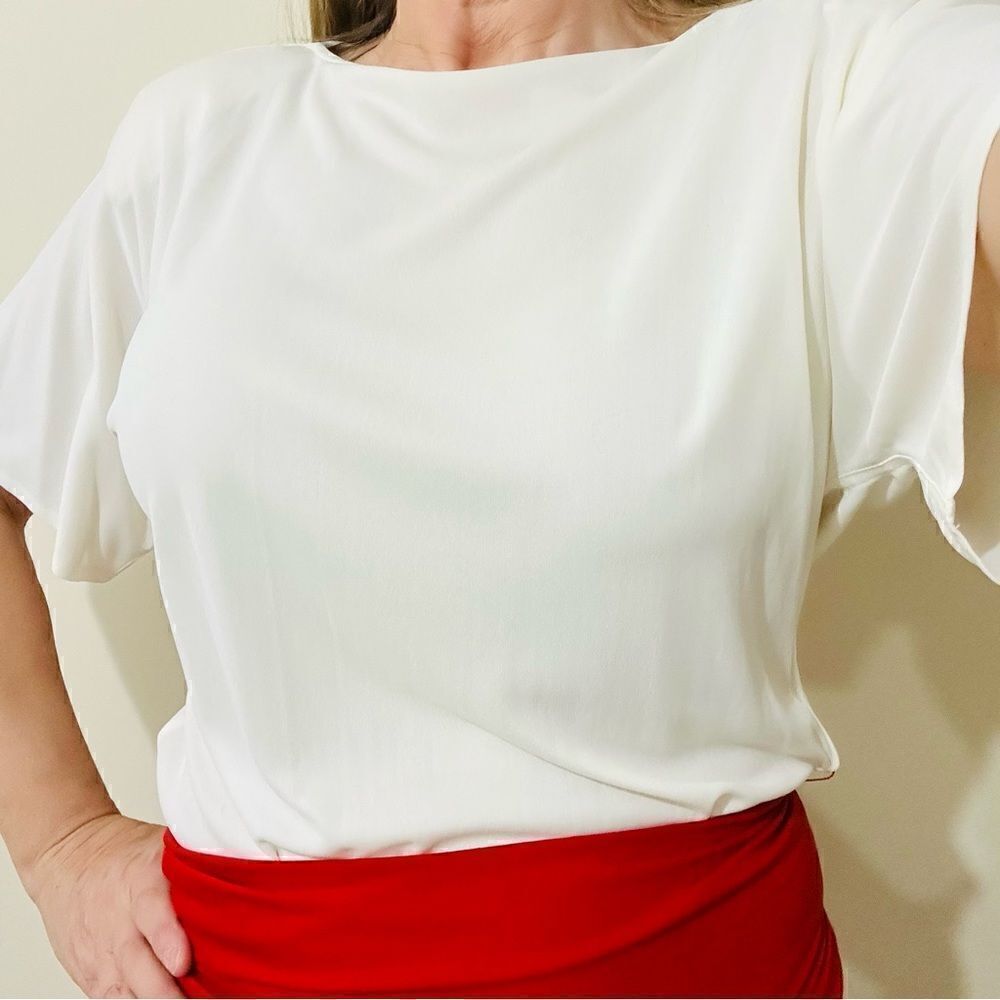 Jackie Rogers Grecian Style Cream maxi Dress, red waist band, neck tie, Medium - Picture 13 of 13